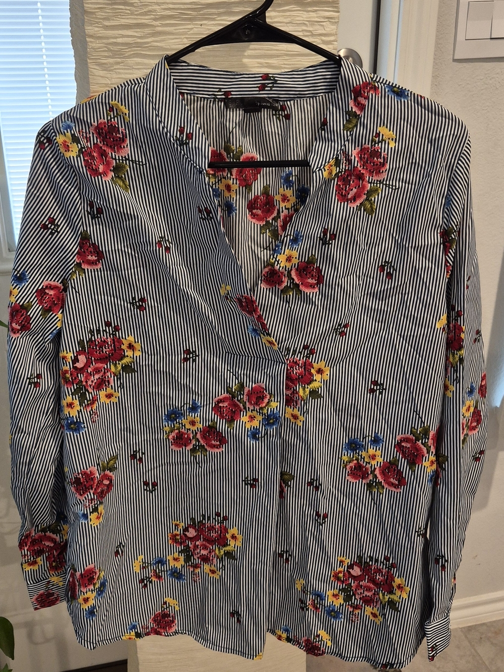 Striped V-Neck Floral Blouse in Blue & White